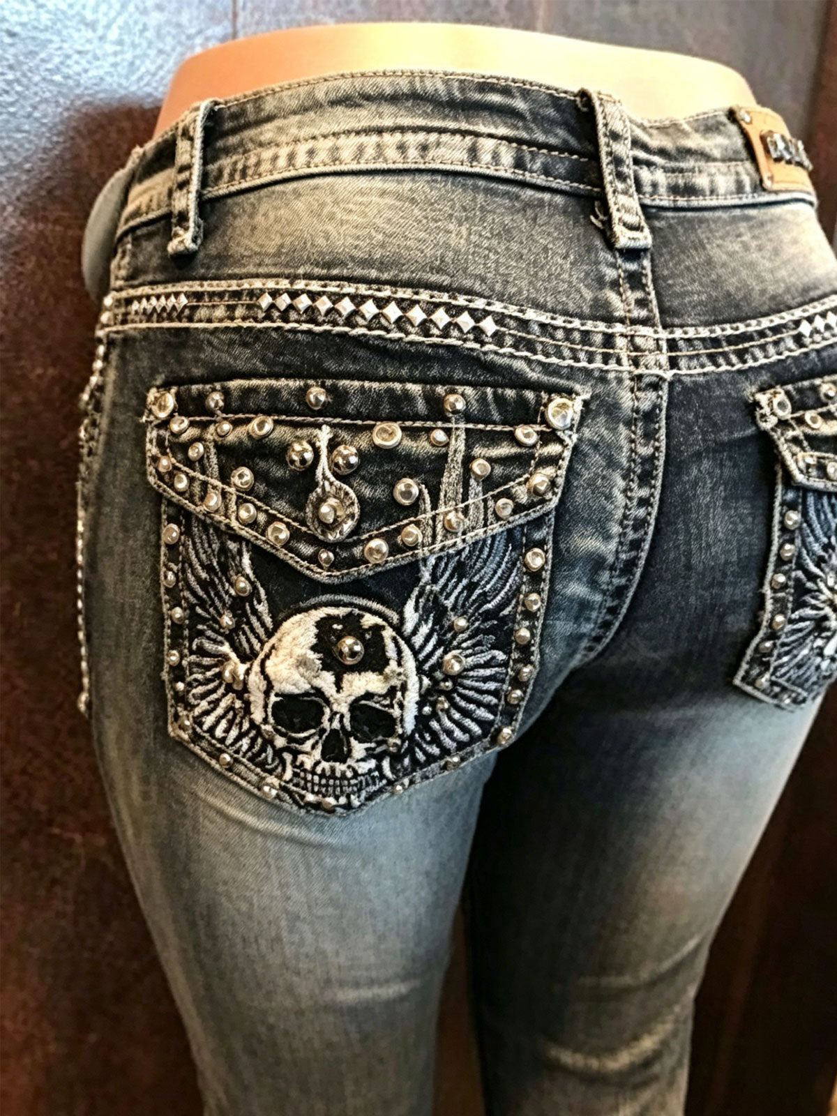 Street Style Rhinestone Fit Skull Denim Long Pants