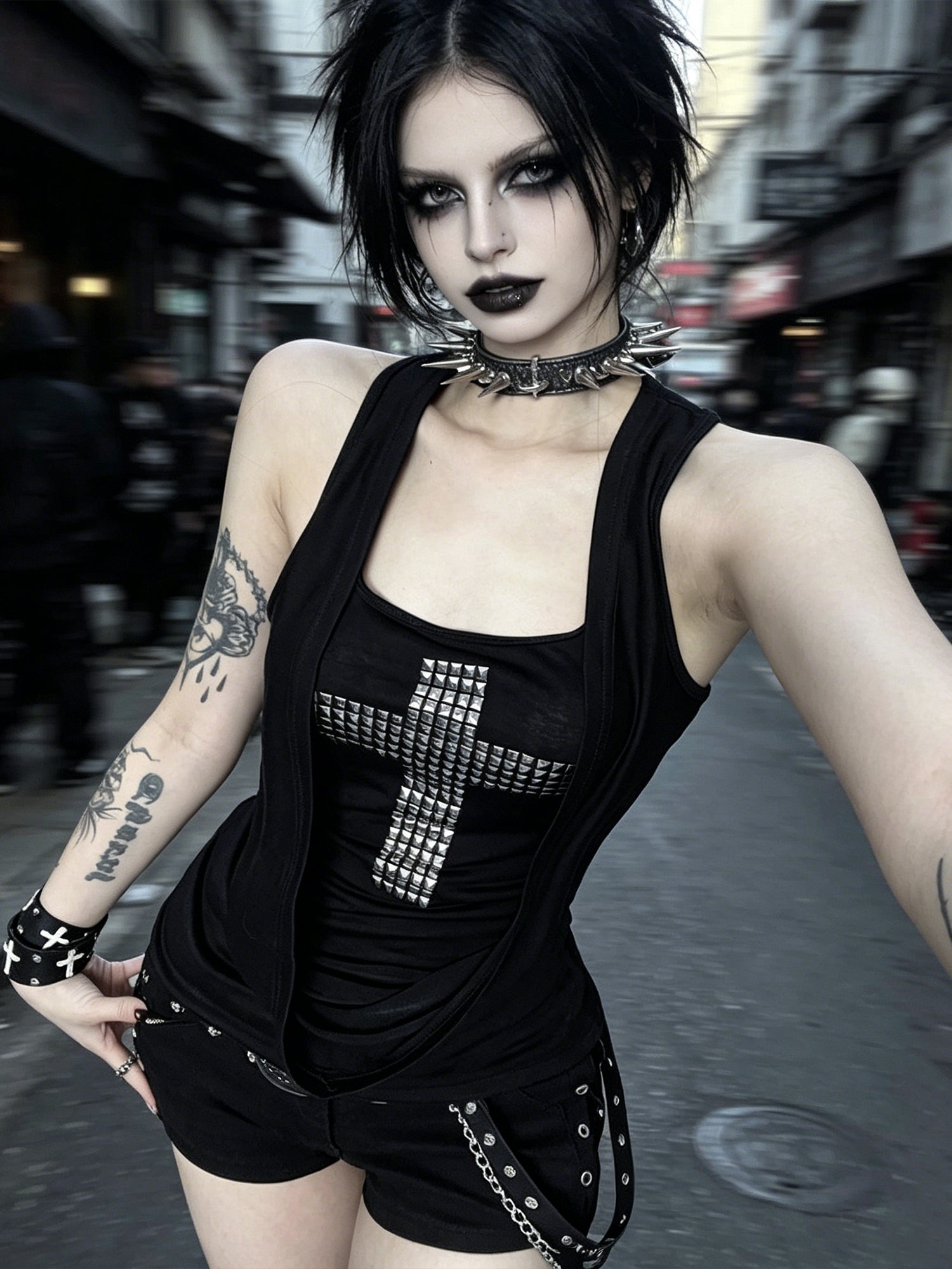 Dark-style Cross Rhinestone Patched Vest