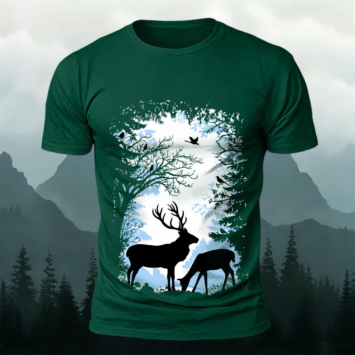 Forest and Deer Silhouette Print Crew-Neck T-Shirt