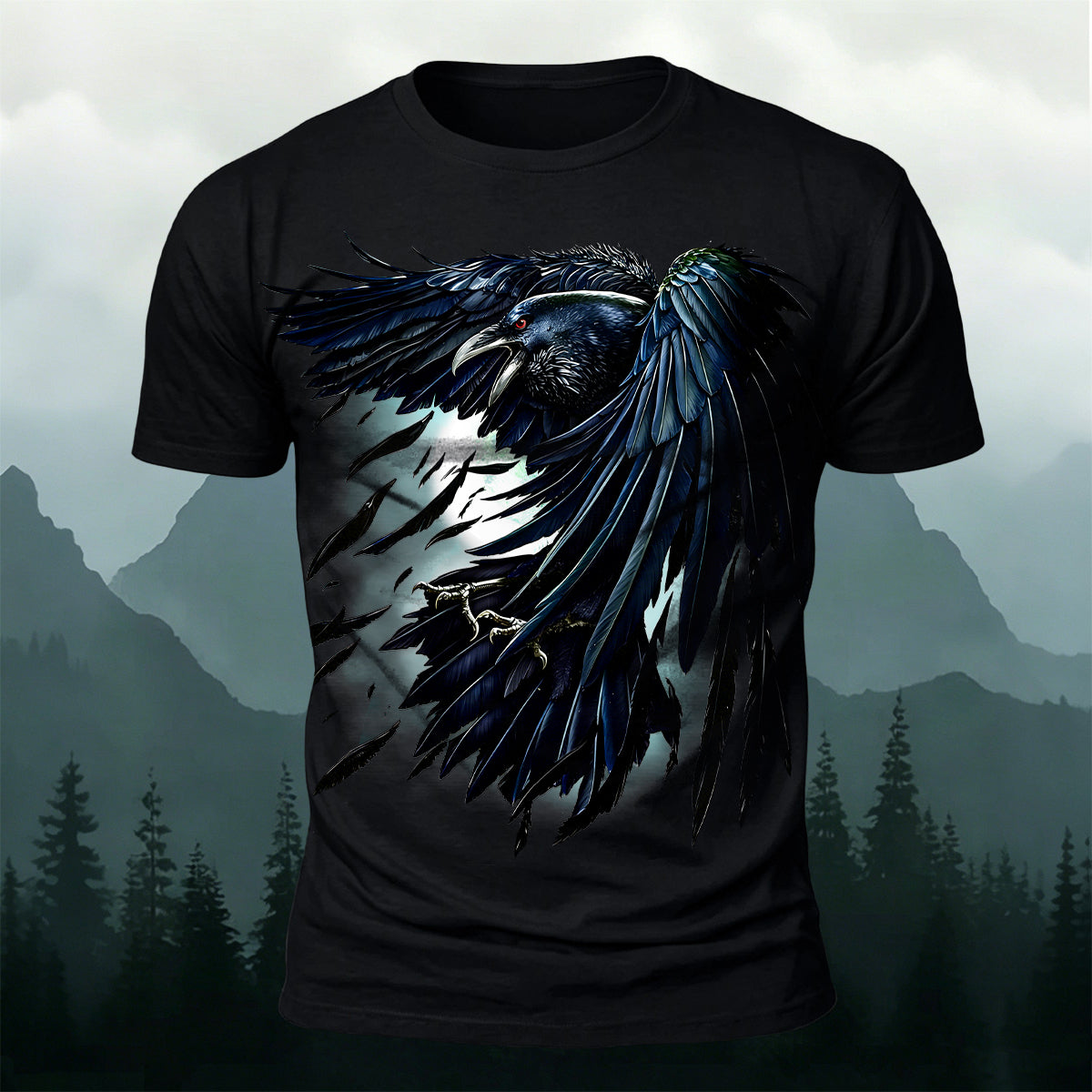 Retro Black Crow Feather Print Casual T-Shirt