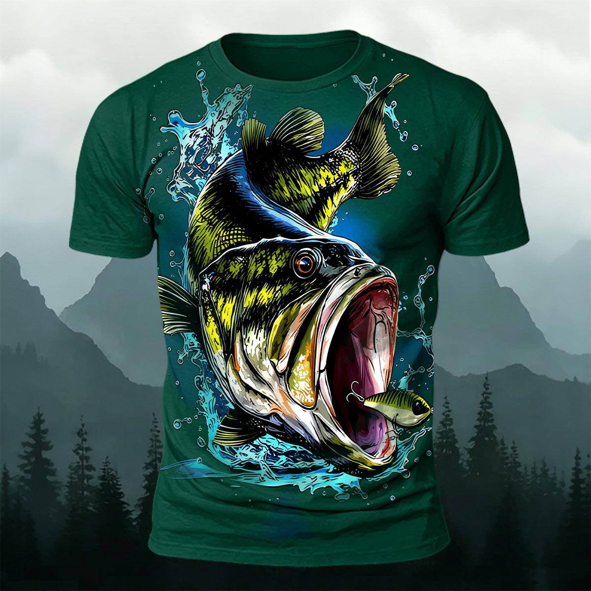 Black Fish Pattern Casual Graffiti Polyester T-Shirt DGE