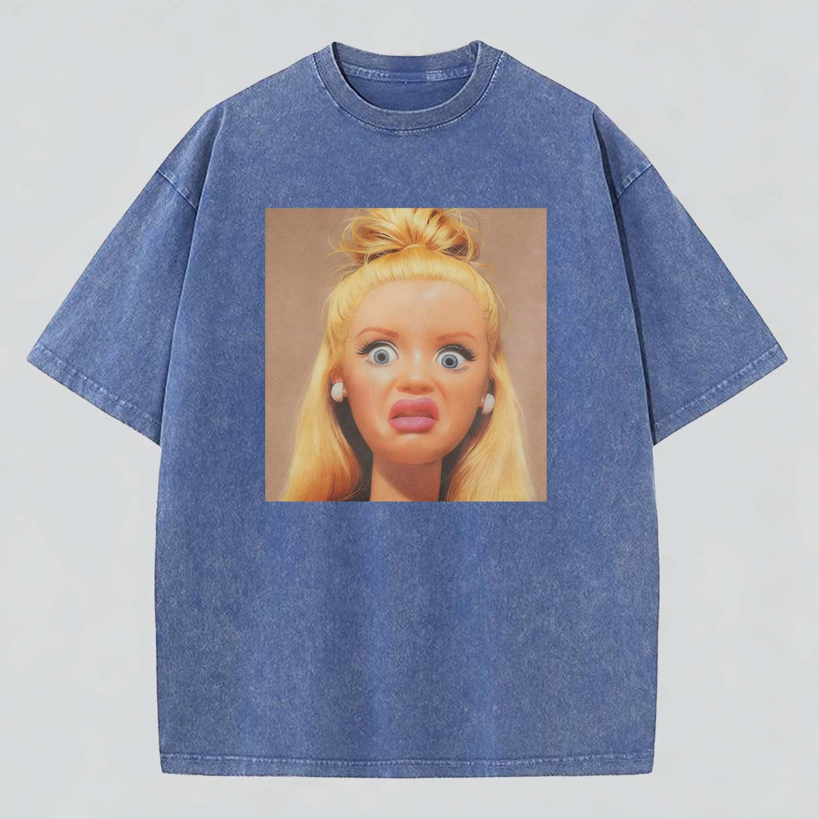 Shocked Face Print Washed Cotton Crew Neck T-Shirt