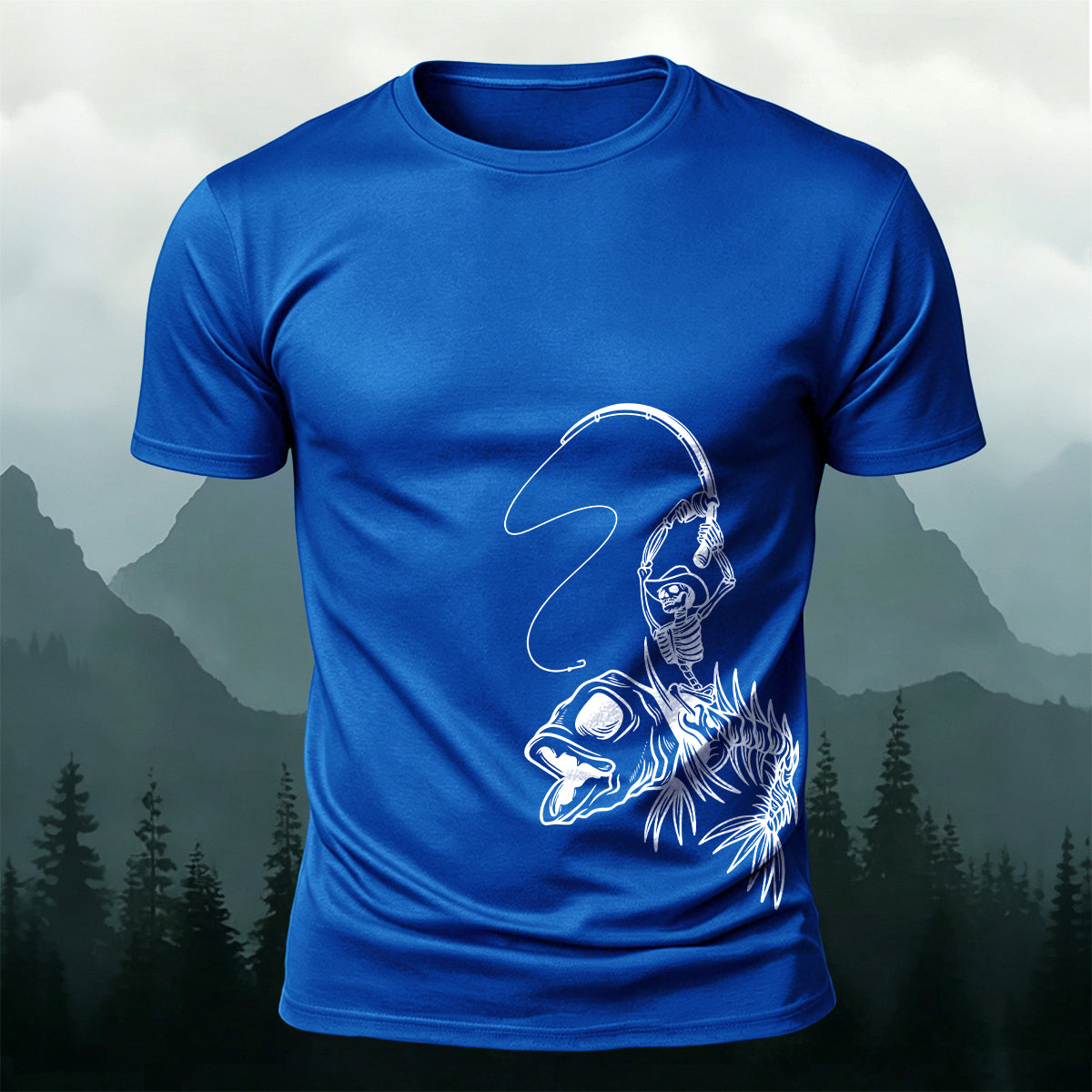 Fishbone Fishing Series Printed Round-Neck Cotton T-Shirt