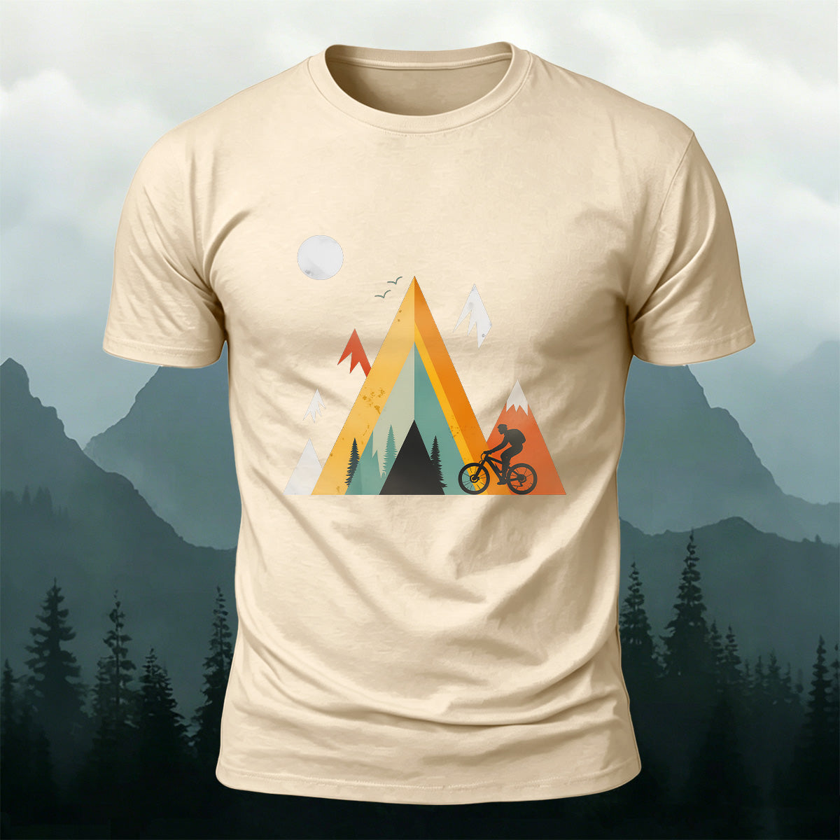 Outdoor Cycling Illustration Design Cotton Casual T-Shirt Beige