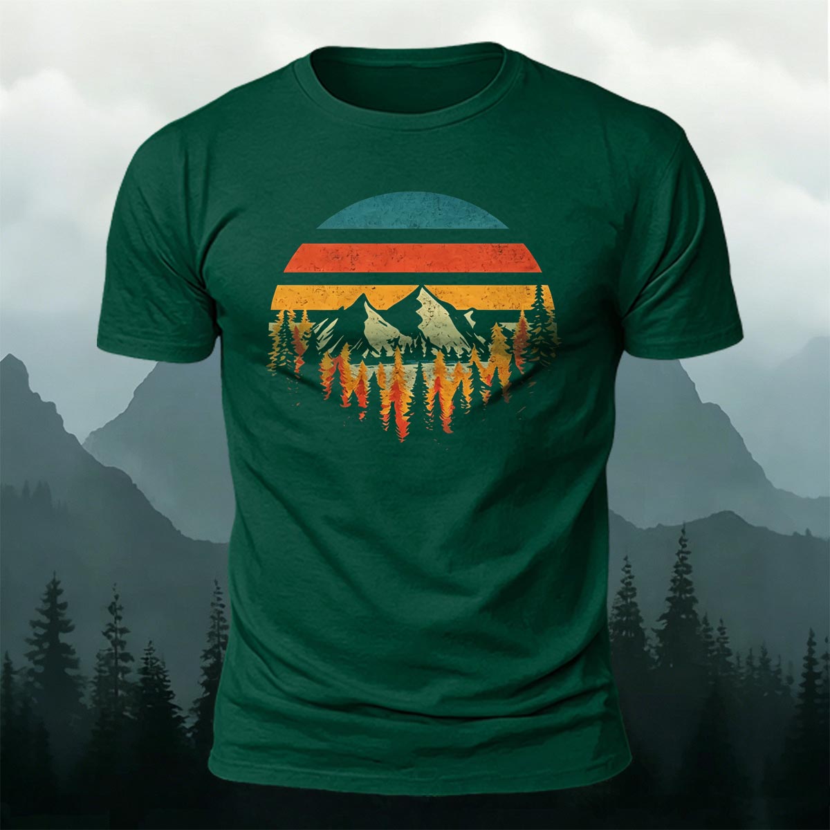 Mountain Landscape Pattern Retro Trend Cotton T-Shirt