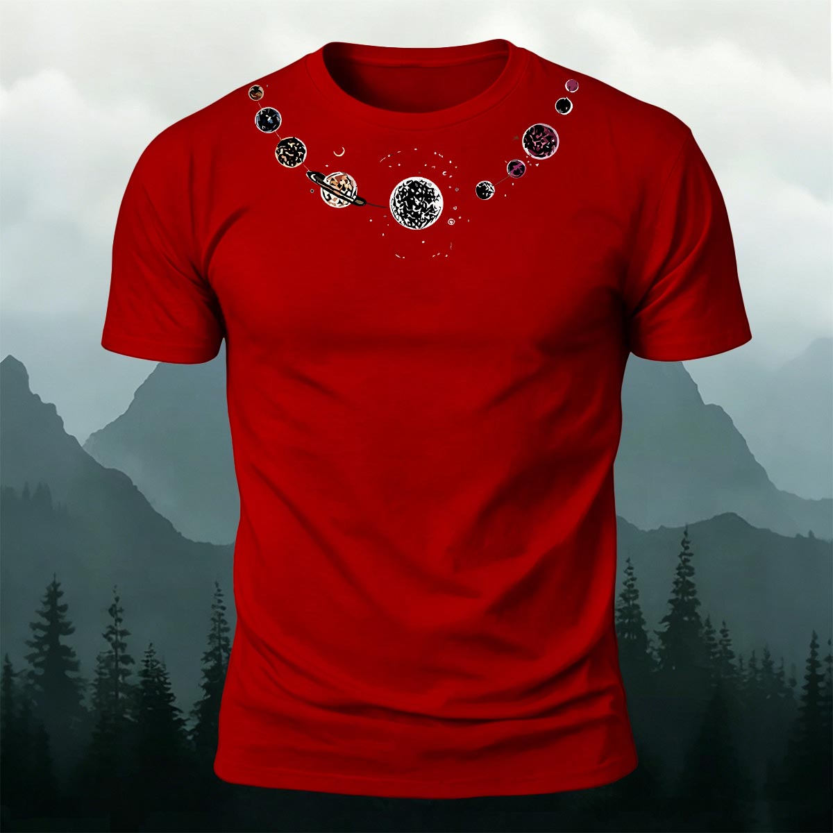 Fashionable Planet-Print Casual Cotton T-Shirt Red
