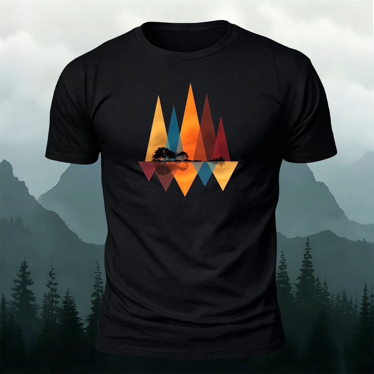 Geometric Mountain Reflection Print Cotton T-Shirt