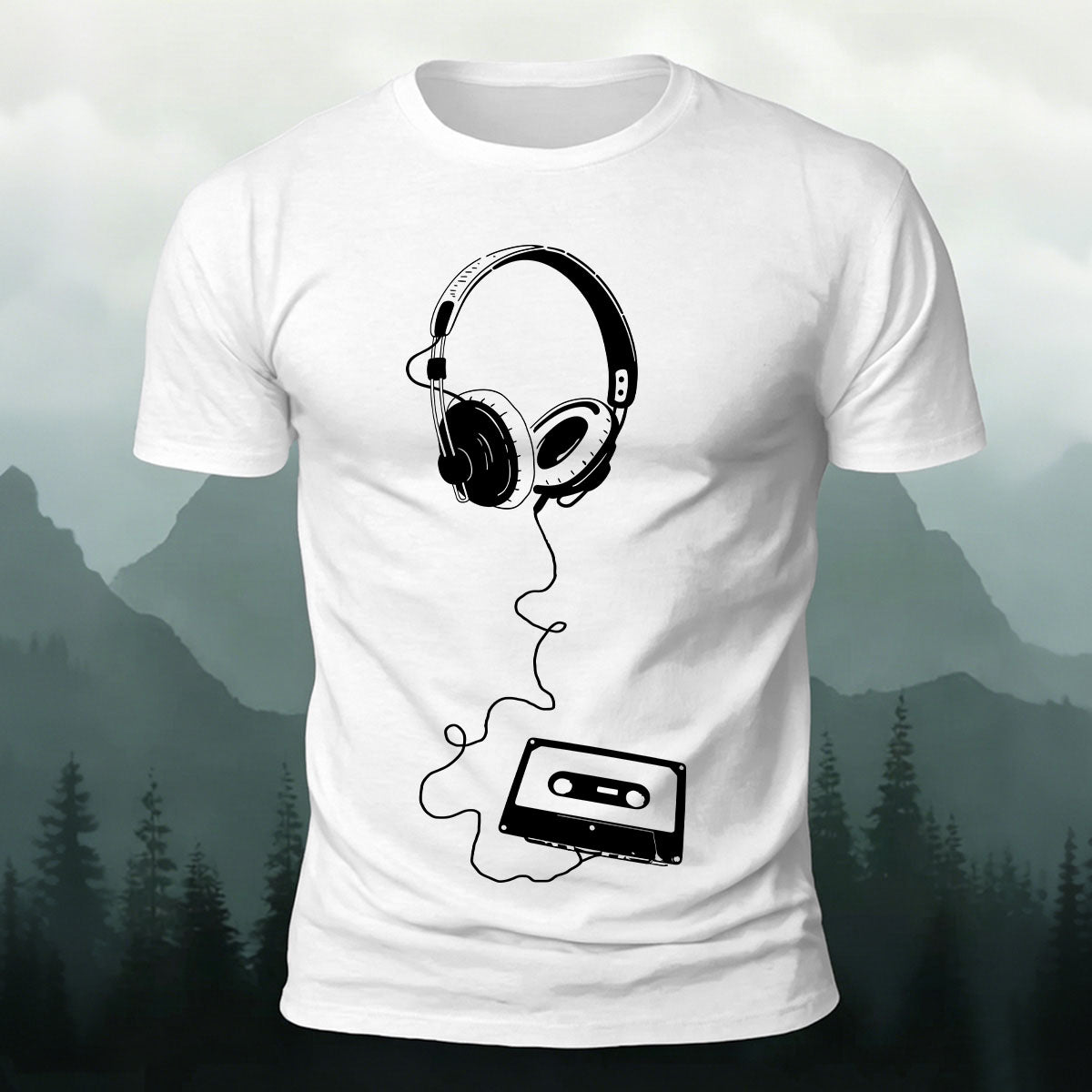 Vintage Headphones Music Print Cotton T-Shirt