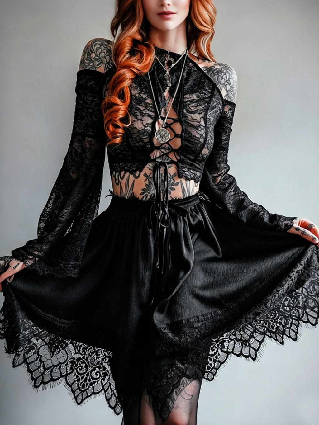 Dark-style Lace-up Flare Long-sleeve Sexy Top
