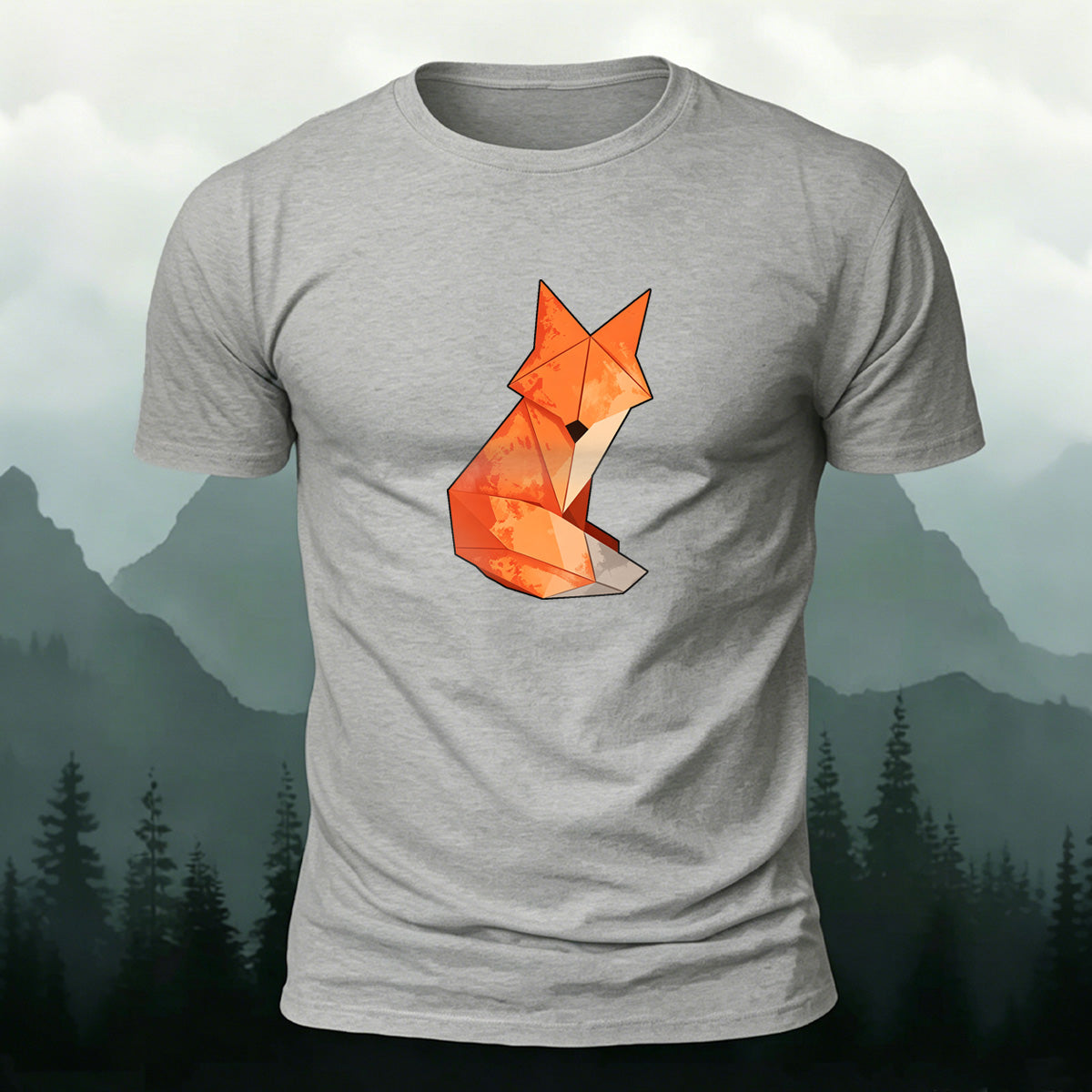 Origami Fox Print Premium Cotton Casual T-Shirt Grey