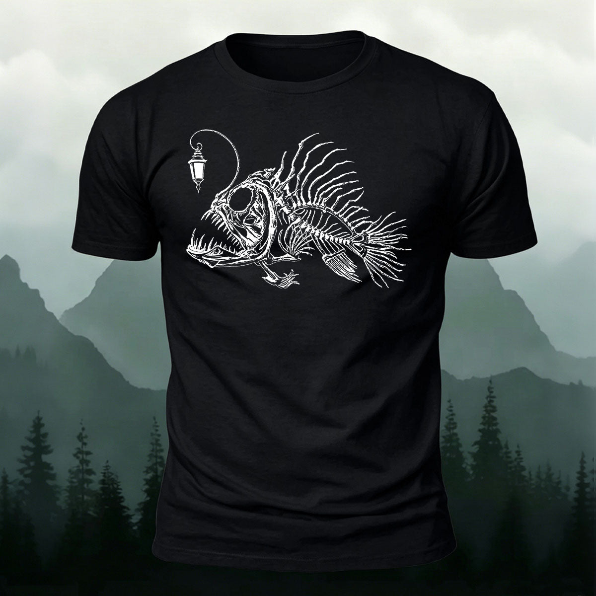 Underwater Fishbone Pattern Cotton Casual T-Shirt Black