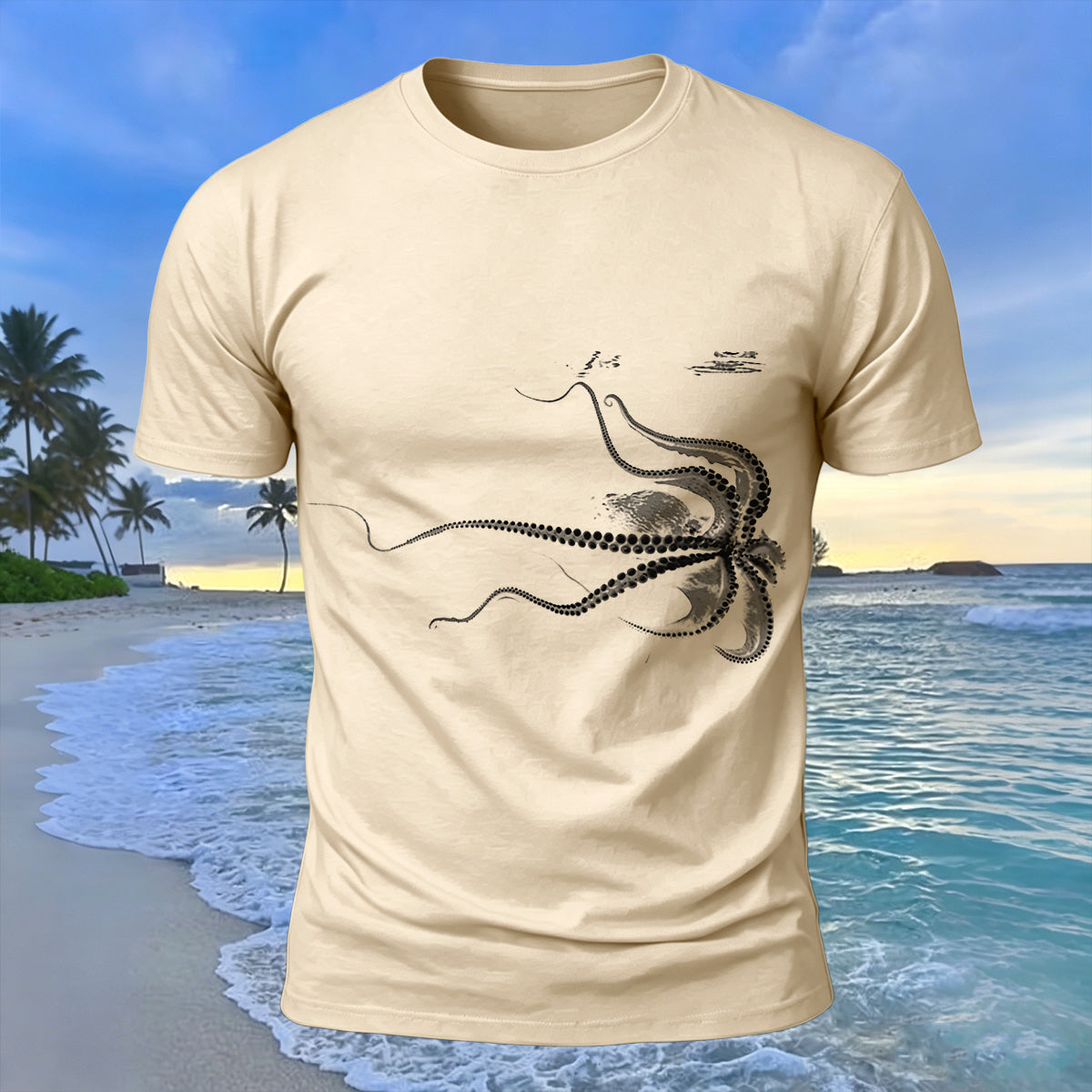 Octopus Silhouette Print Casual Cotton T-Shirt