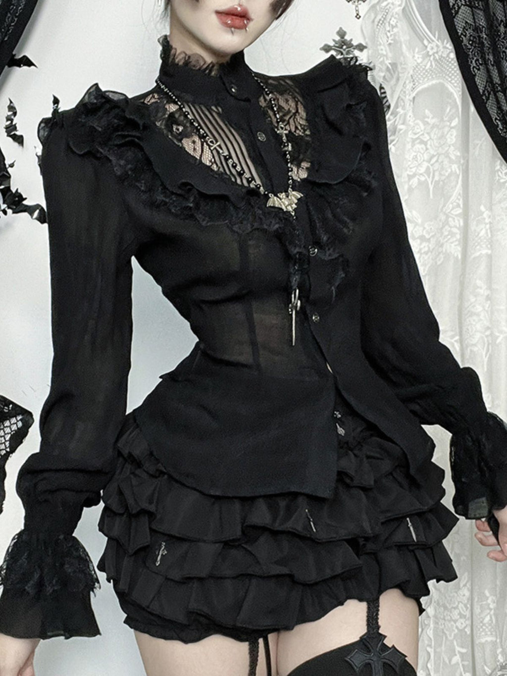 Halloween Lace-Cutout Dark-Style Long-Sleeve Shirt