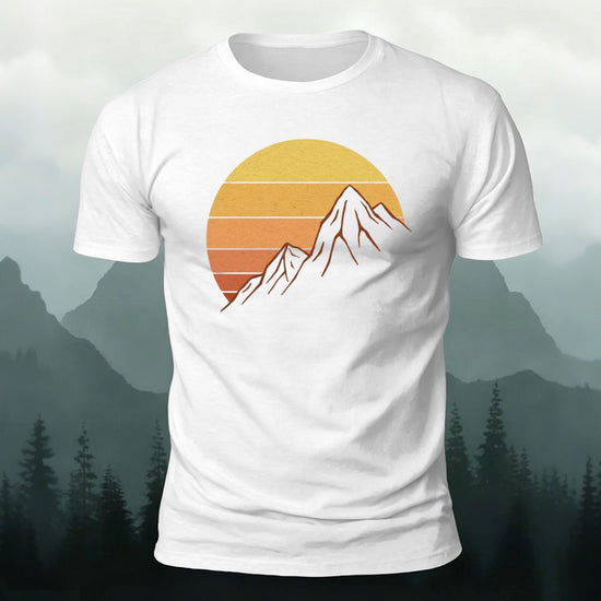 Sunlit Golden Mountain Print Casual Combed Cotton T-Shirt White