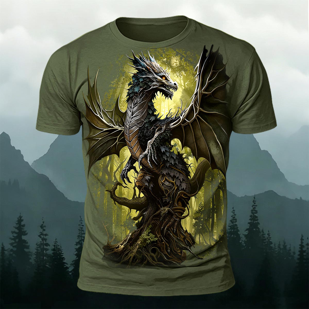 Retro Forest Dragon Print Outdoor 100% Cotton T-Shirt AMG