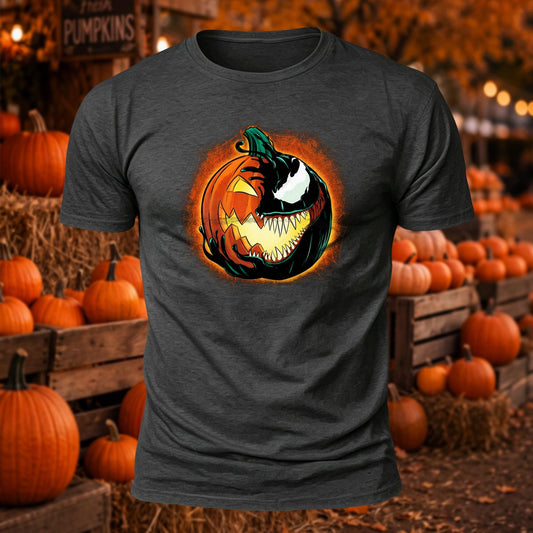 Alien Symbiote & Jack-O'-Lantern Design Printed Short Sleeve T-Shirt