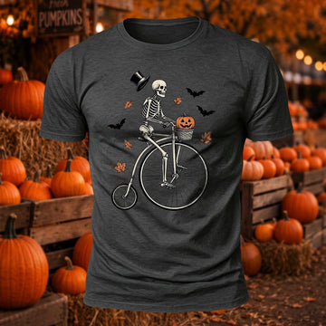 Pumpkin Skull Bicycle Rider Printed Short Sleeve T-Shirt