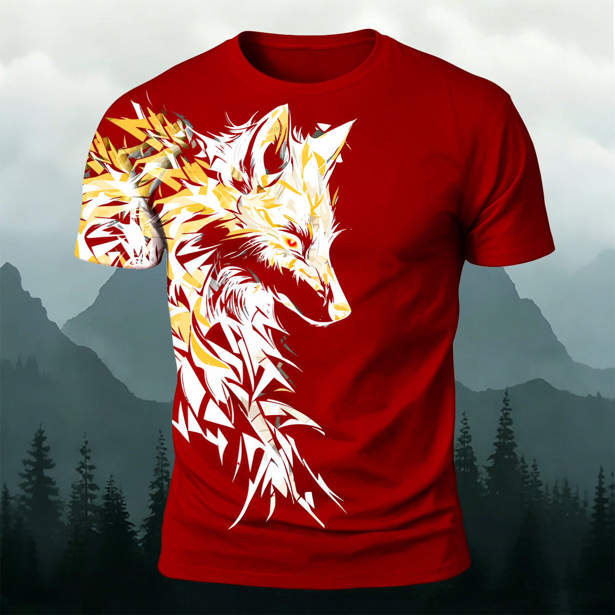 Vintage Giant Wolf Mythology Print Casual Cotton T-Shirt