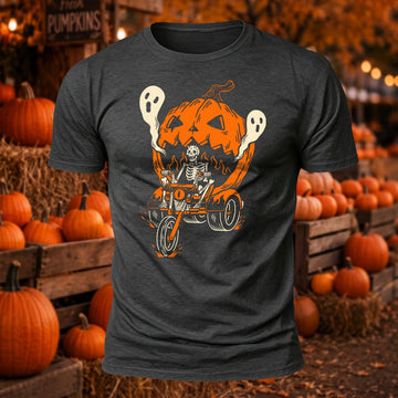 Skull Pumpkin Rider Printed Short Sleeve T-Shirt