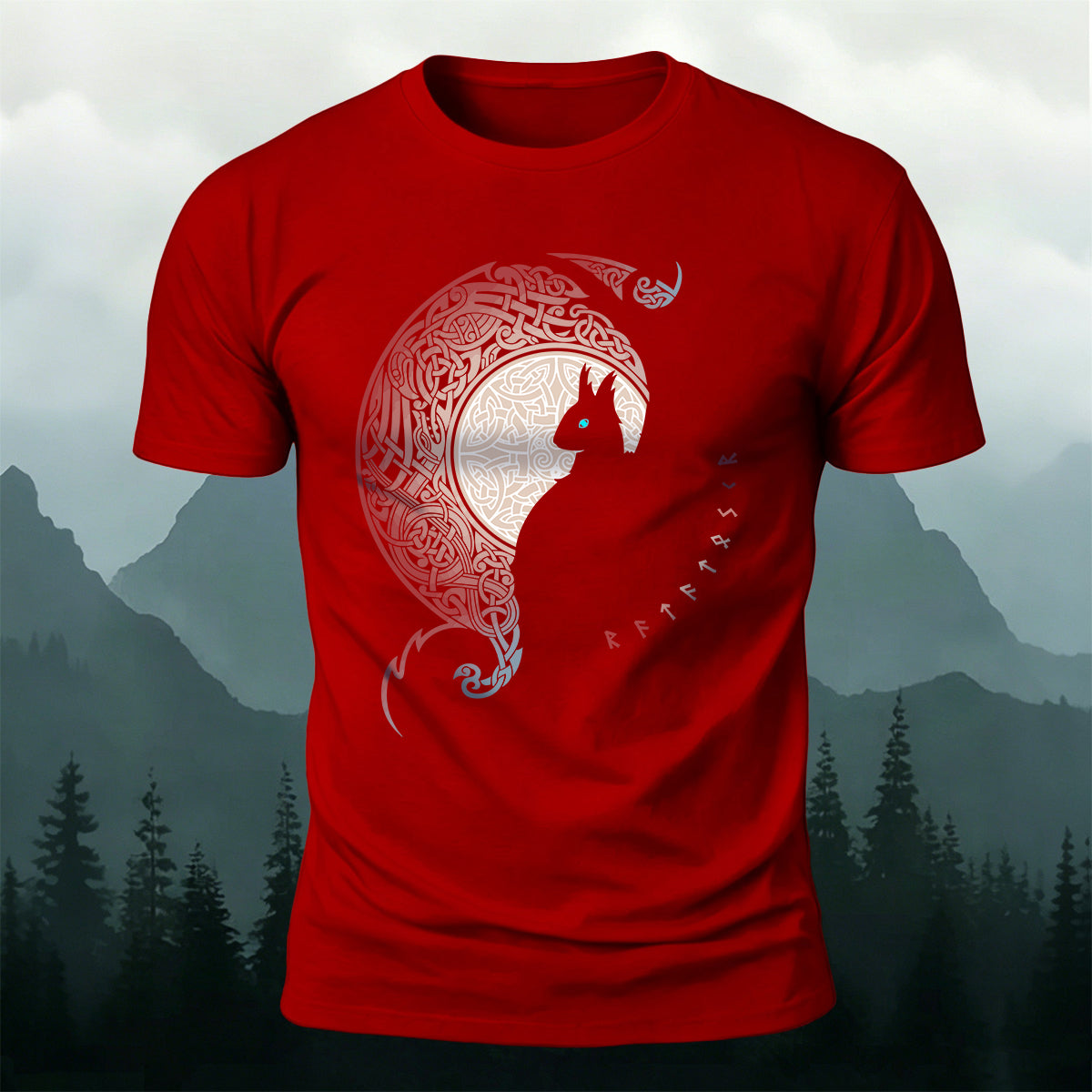 Cold-Eyed Giant Wolf Silhouette Mythical Design Cotton Tee