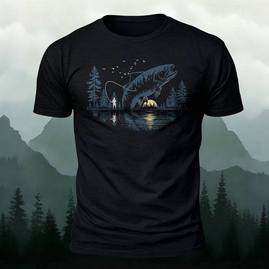 100% Cotton Outdoor Adventure Fisherman Print Casual Tee