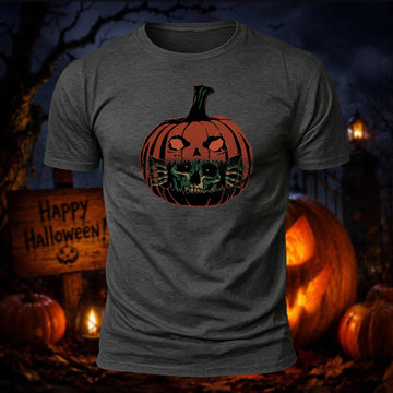 Soft Cotton Creepy Skull Inside Pumpkin Casual T‑Shirt