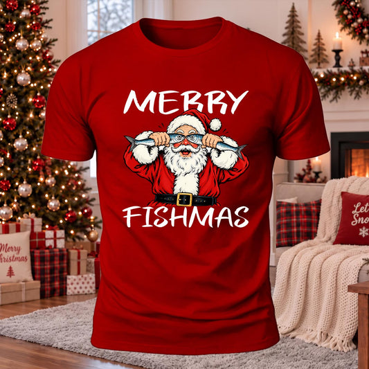Merry Fishmas Santa Printed Casual Short Sleeve T-Shirt