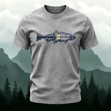 Washed Cotton Wilderness Landscape Fish Silhouette Print Tee