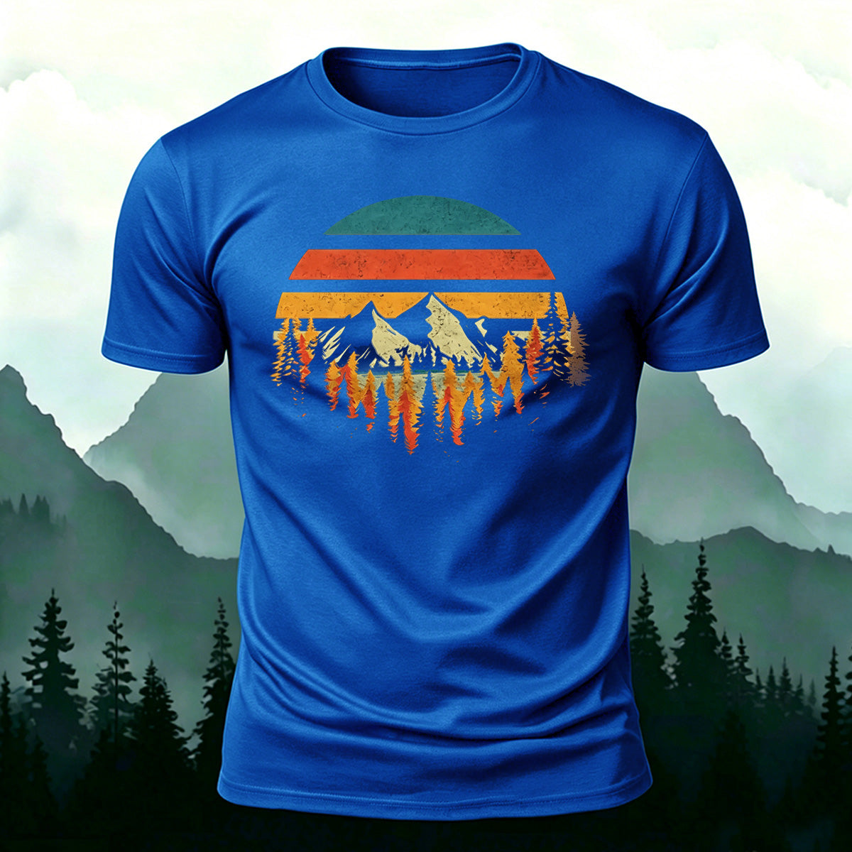 Mountain Landscape Pattern Retro Trend Cotton T-Shirt Blue