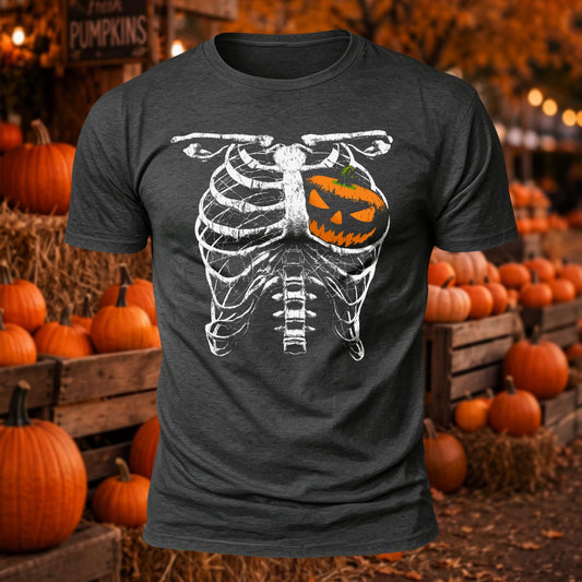 Skeleton Rib Cage Pumpkin Heart Halloween Printed Short Sleeve T-Shirt