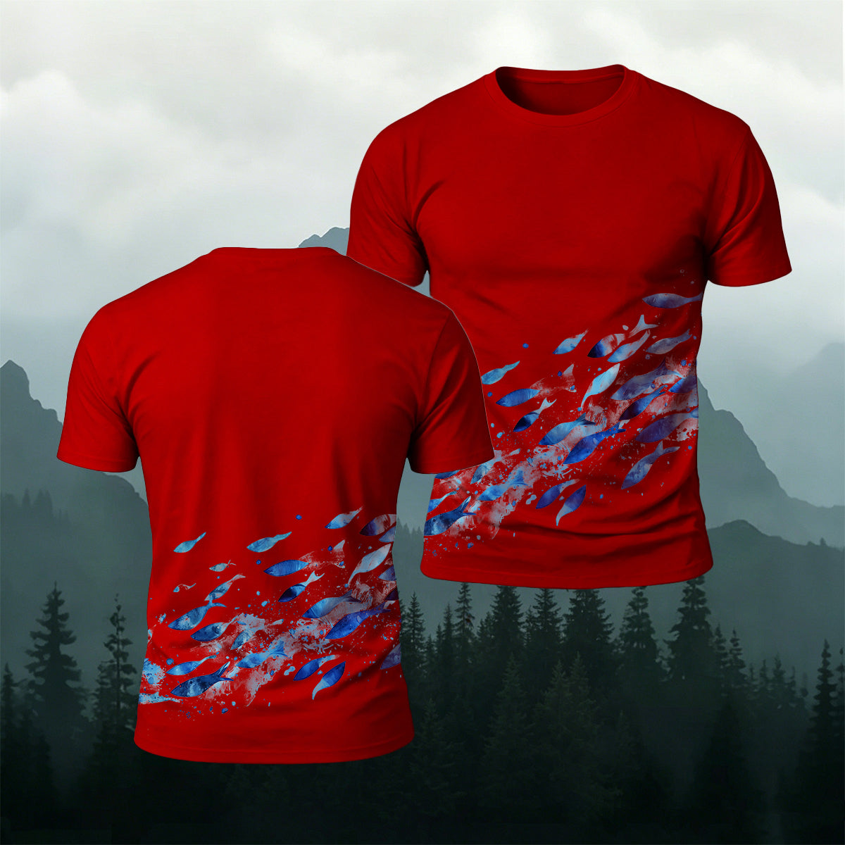 Blue Sardine Print Casual Cotton T-Shirt