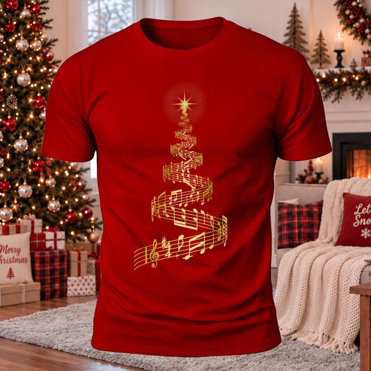 DTG Music Note Christmas Tree Printed Casual Short Sleeve T-Shirt
