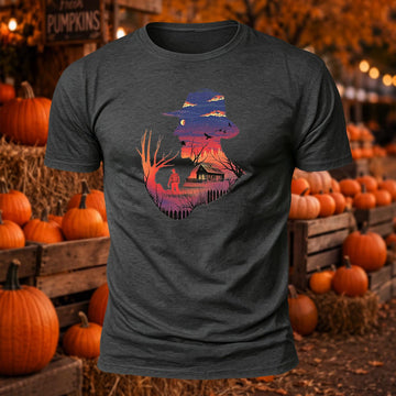 Vintage Freddy Slasher Cabin Sunset Landscape Spooky Printed T-Shirt