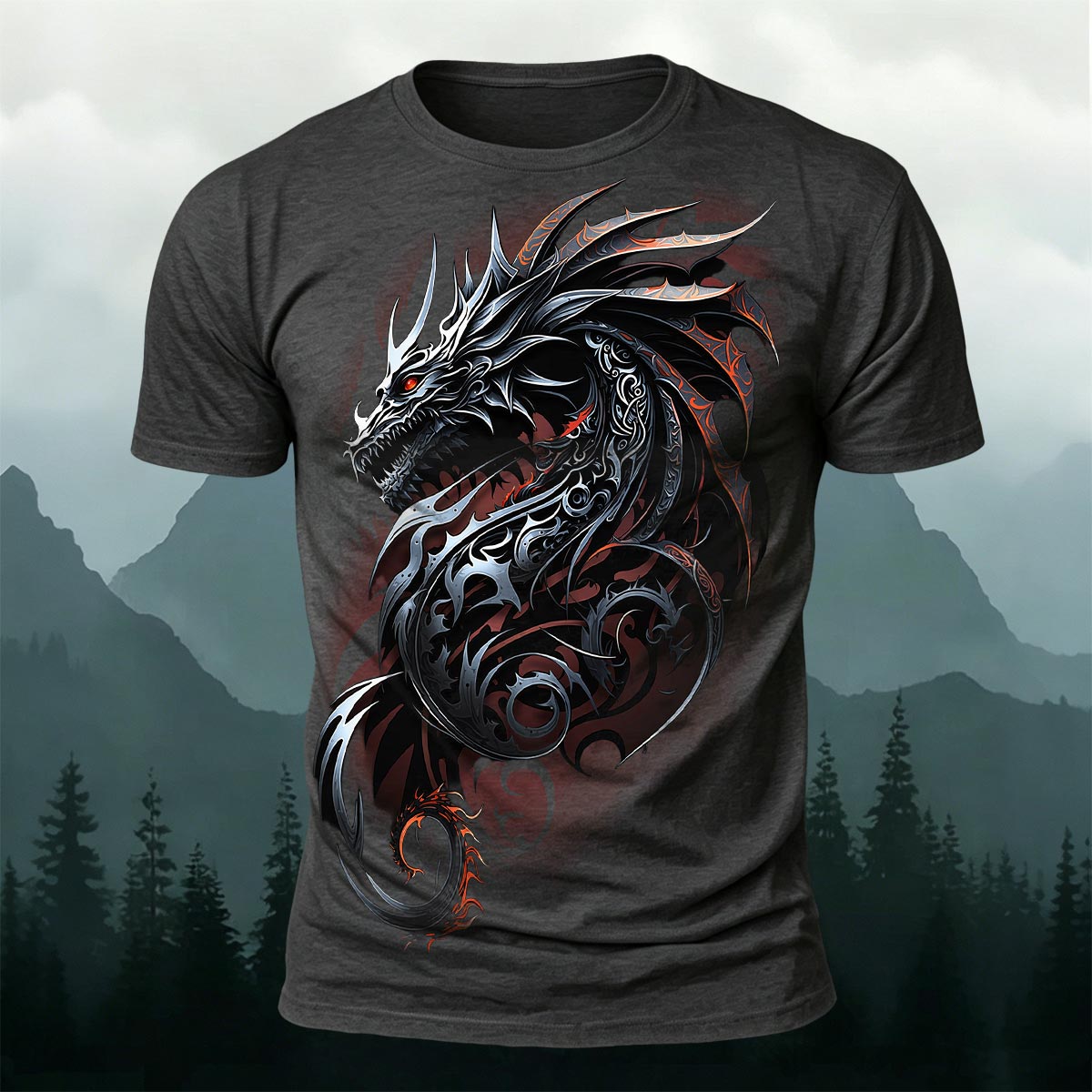 Dark Totem Dragon Print Casual Crew Neck T-Shirt