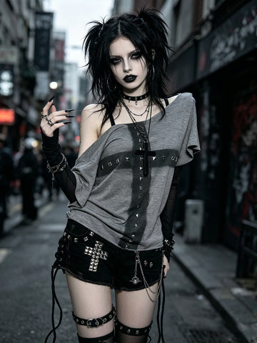 Punk-style Studded Cross Gothic Dark-themed Top
