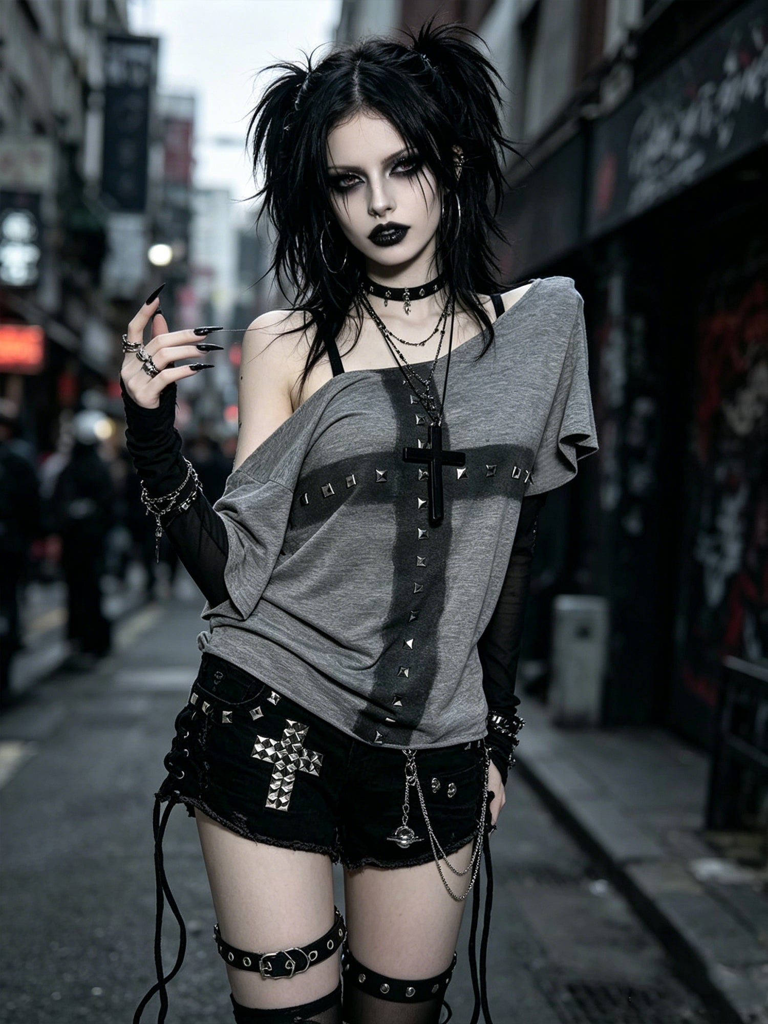 Punk-style Studded Cross Gothic Dark-themed Top