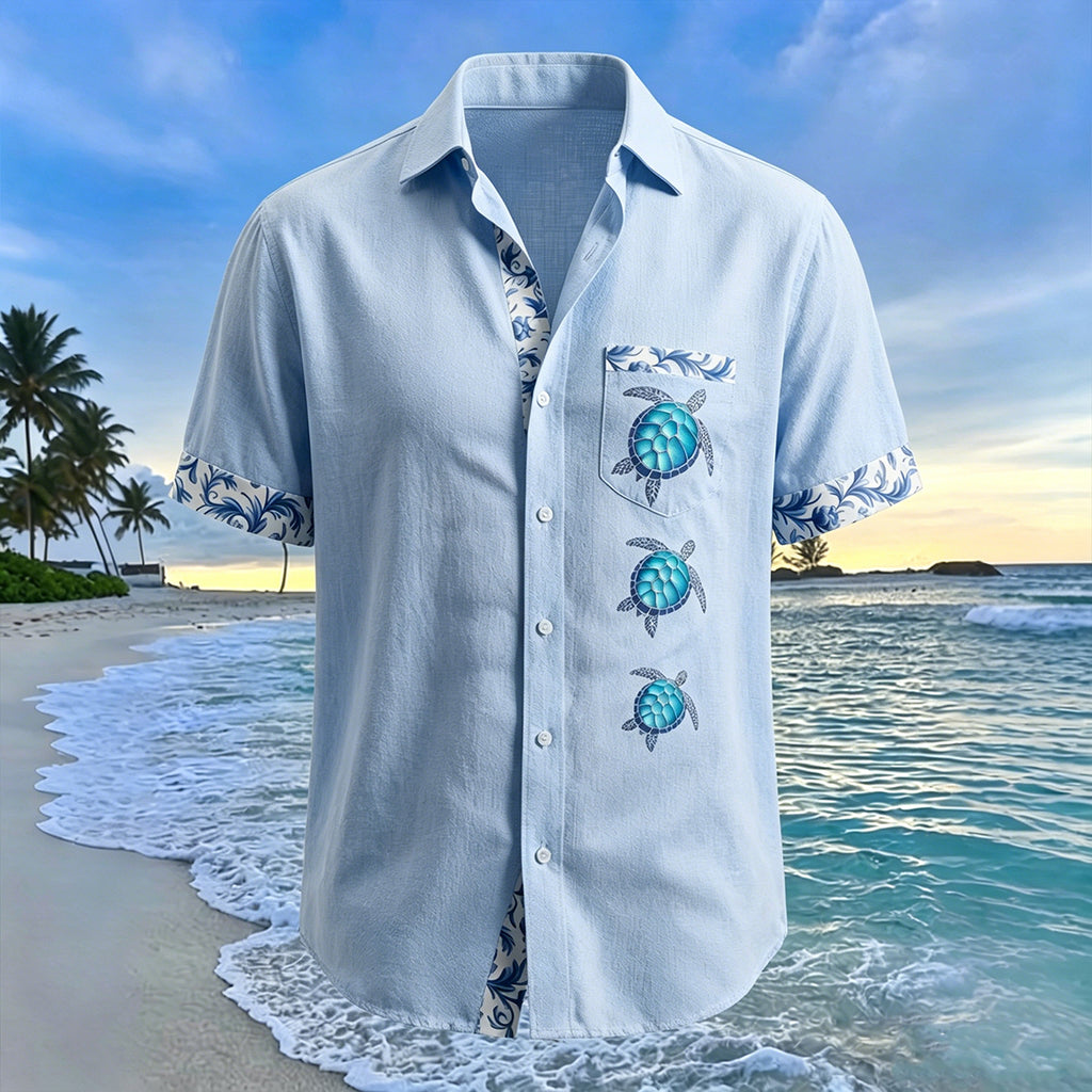 Simple Turtle-Print Beach Vacation Shirt Blue 2