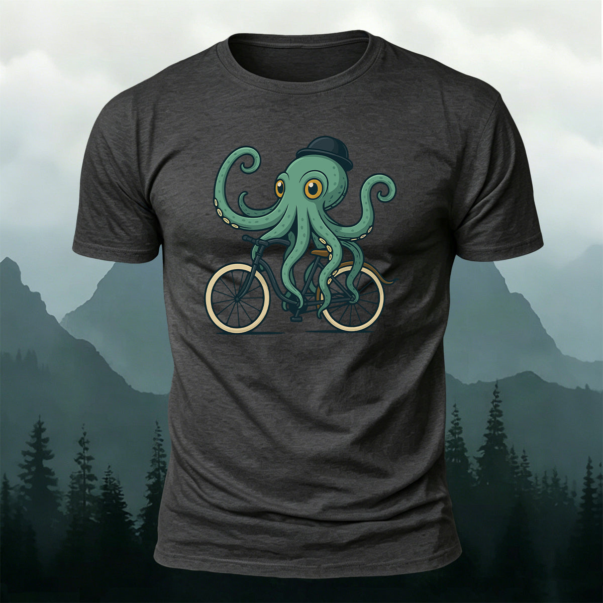Green Fisherman's Cap Octopus Cycling Print Cotton T-Shirt