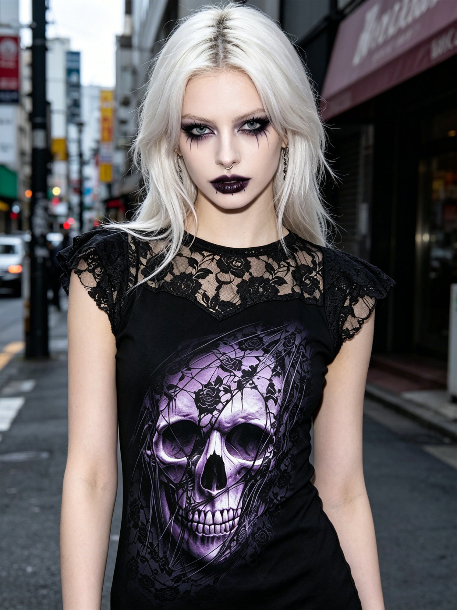 Dark Gothic Print Lace Fashion Women's Top