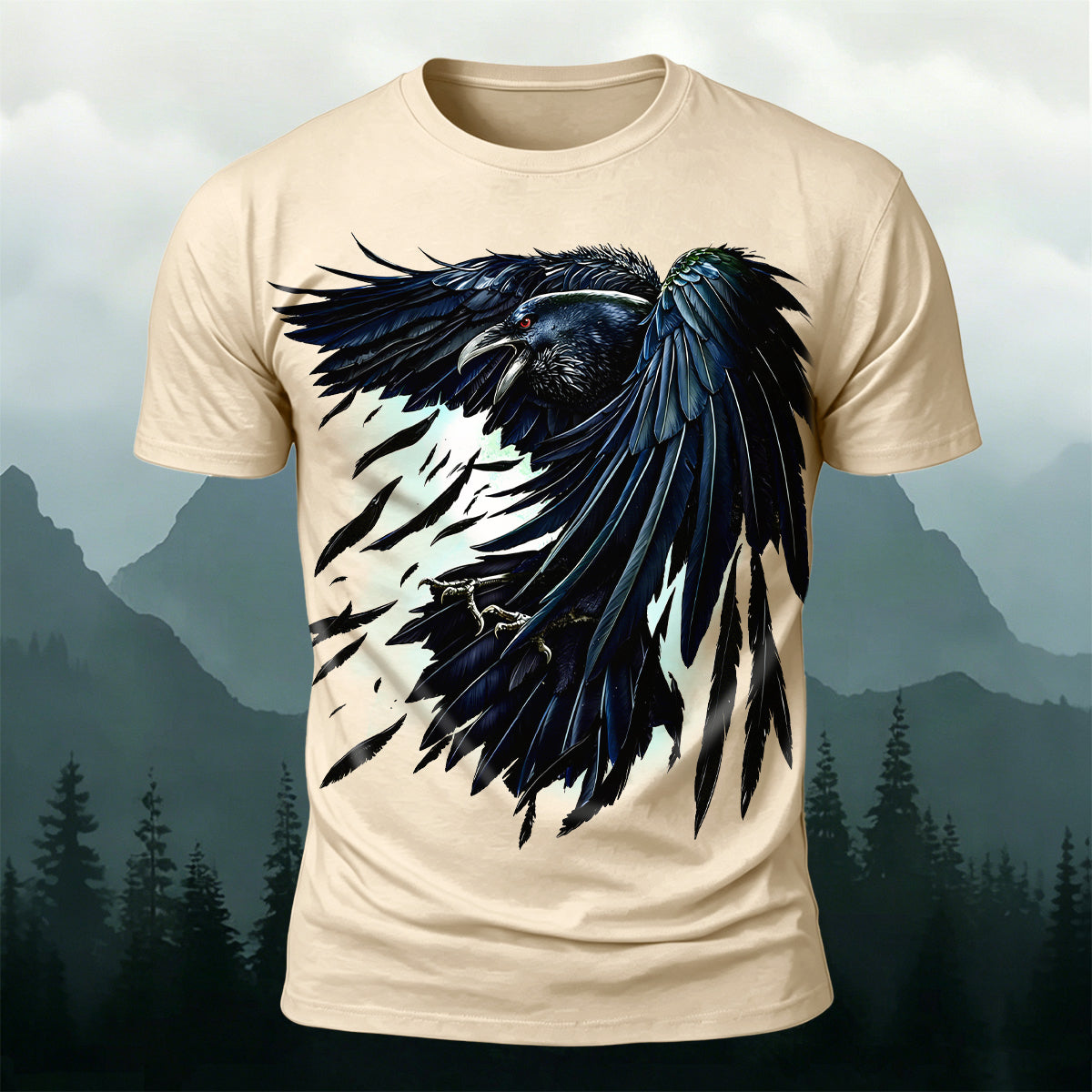Retro Black Crow Feather Print Casual T-Shirt