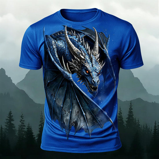 Fierce Dragon Print Cool Casual Premium Cotton T-Shirt Blue