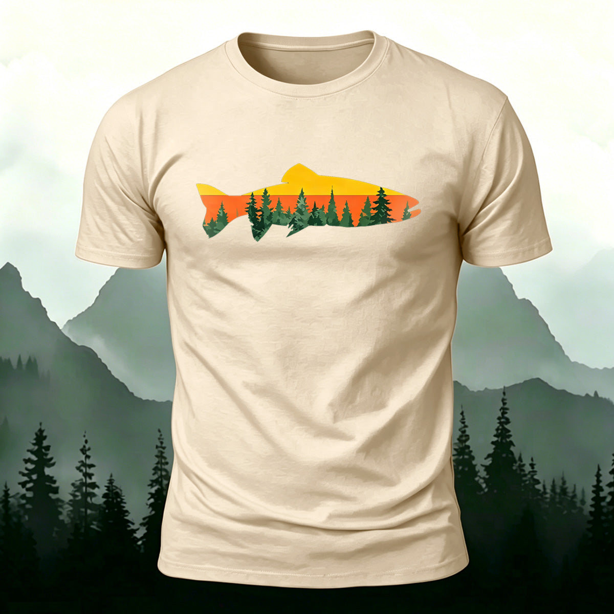 Fish Forest Printed 100% Cotton T-Shirt Beige