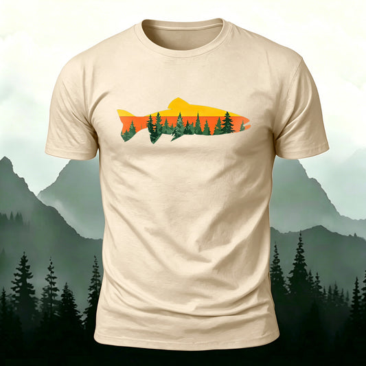 Fish Forest Printed 100% Cotton T-Shirt Beige