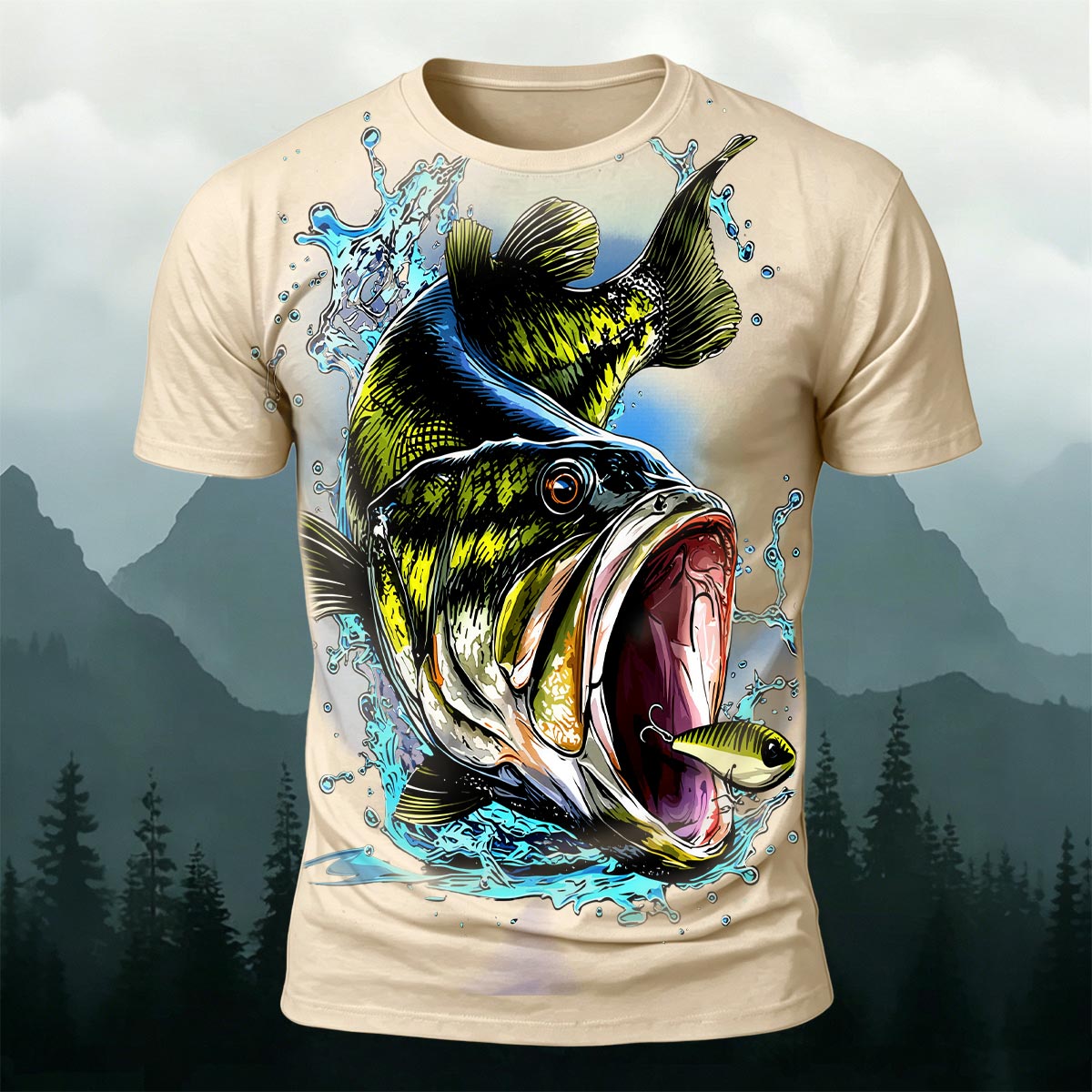 Black Fish Pattern Casual Graffiti Polyester T-Shirt Beige