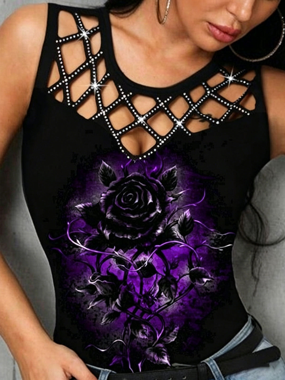 Openwork Patchwork Rose Print Women's Sleeveless Tank Top