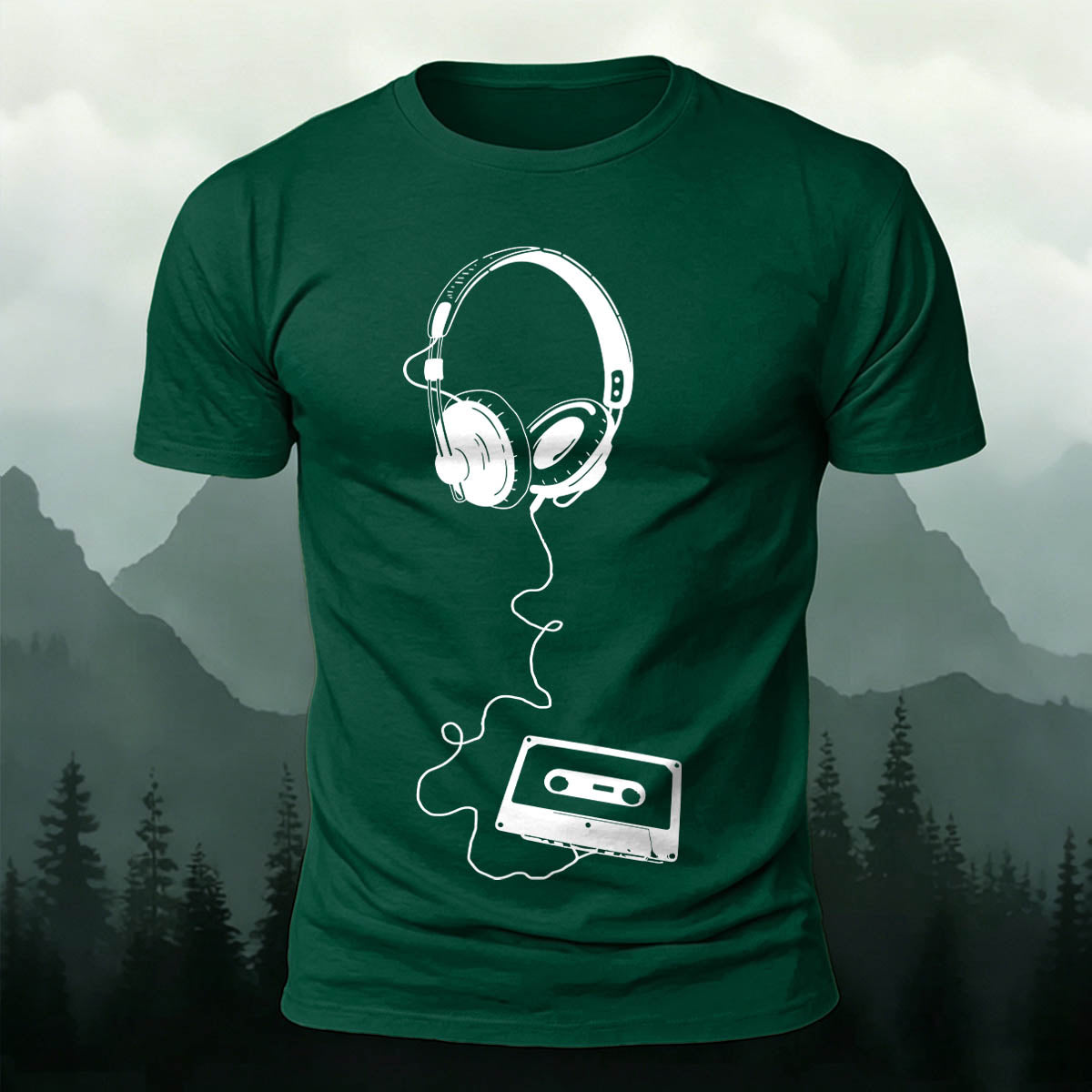 Vintage Headphones Music Print Cotton T-Shirt