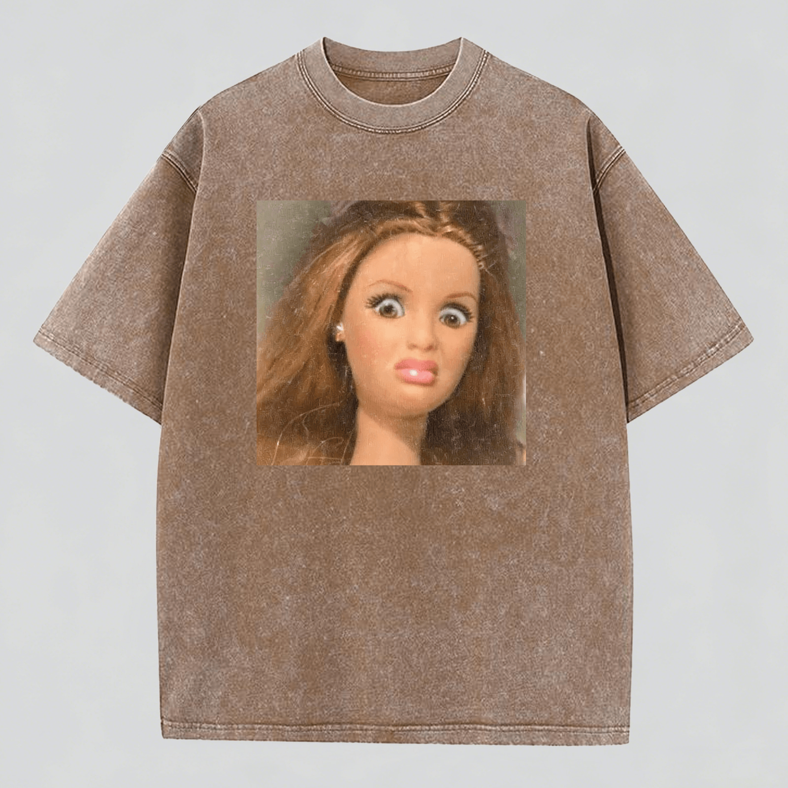 Disdainful Face Print Washed  Cotton Crew Neck T-Shirt