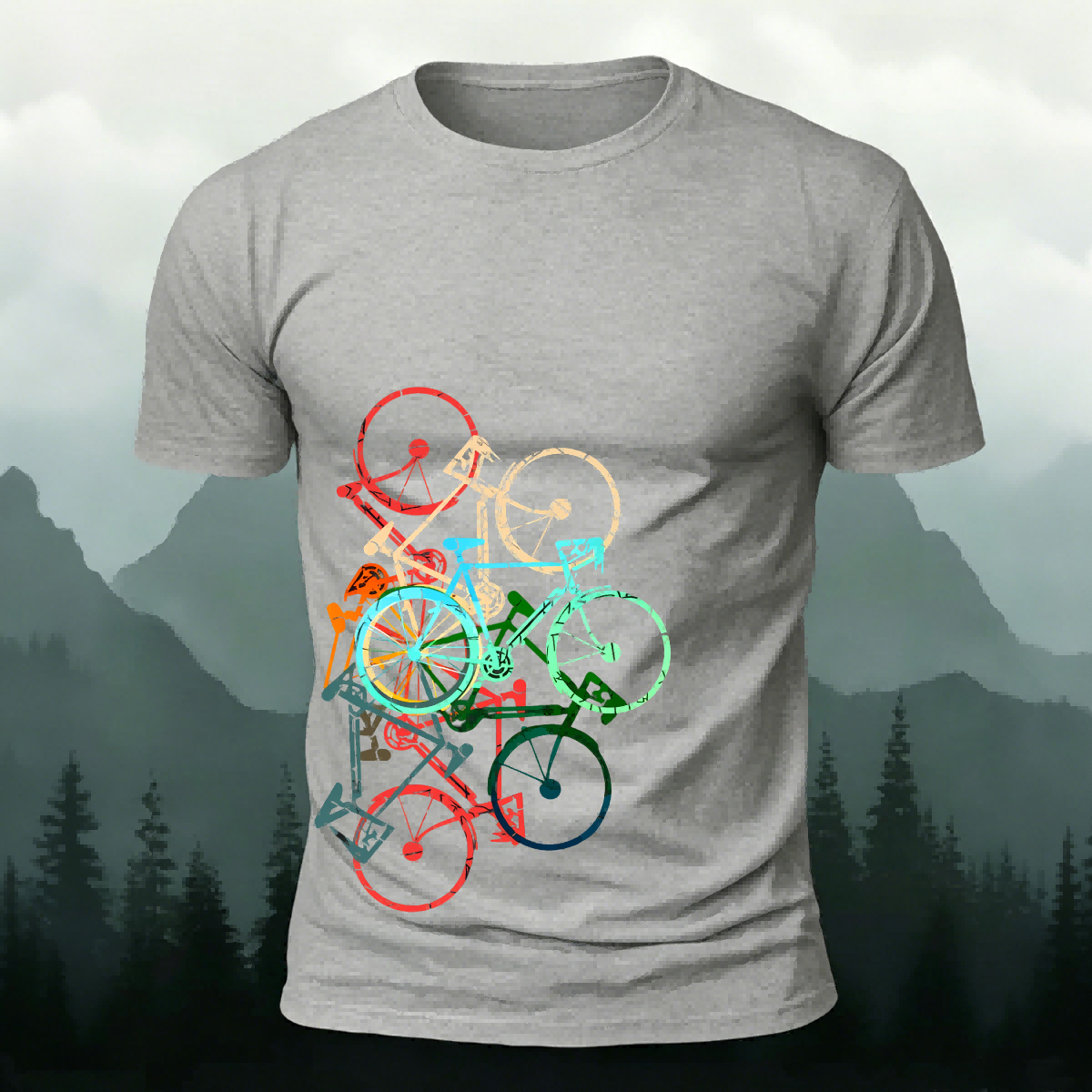 Colorful Bicycle Printed Soft-touch Feel Casual T-Shirt