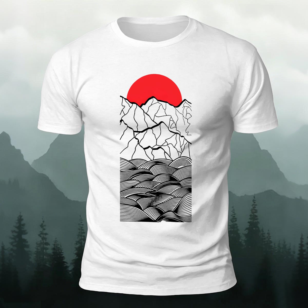 Forest Sunset Mountain Print Casual Cotton T-Shirt