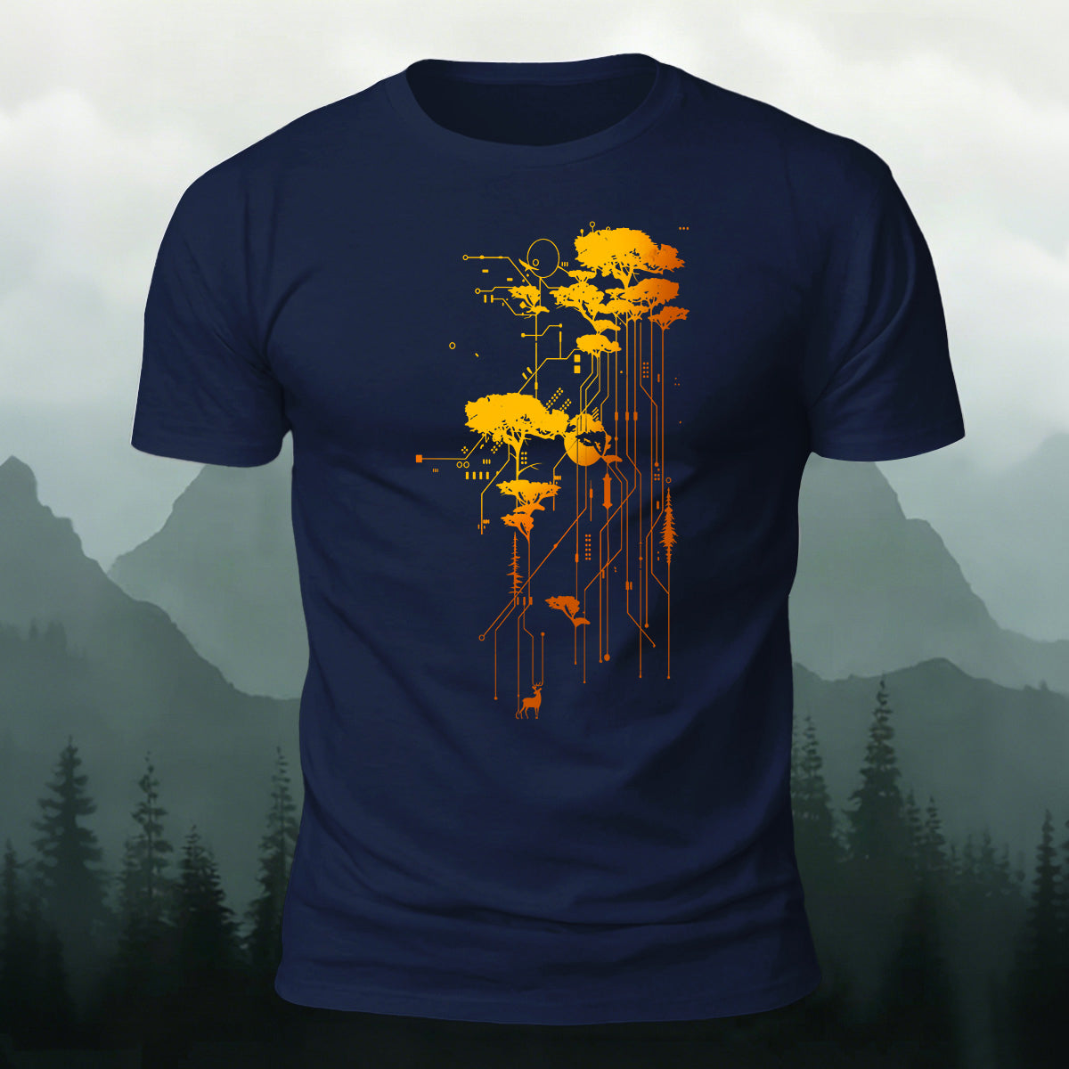 Artistic Trees Pattern Breathable Material Casual T-Shirt Navy